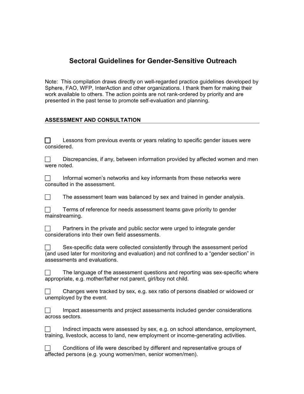 Sectoral Guidelines for Gender-Sensitive Outreach