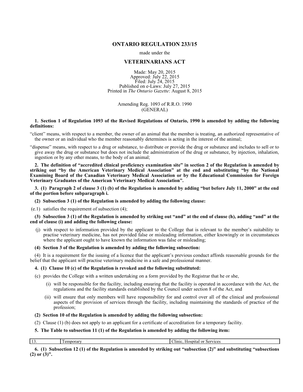 VETERINARIANS ACT - O. Reg. 233/15