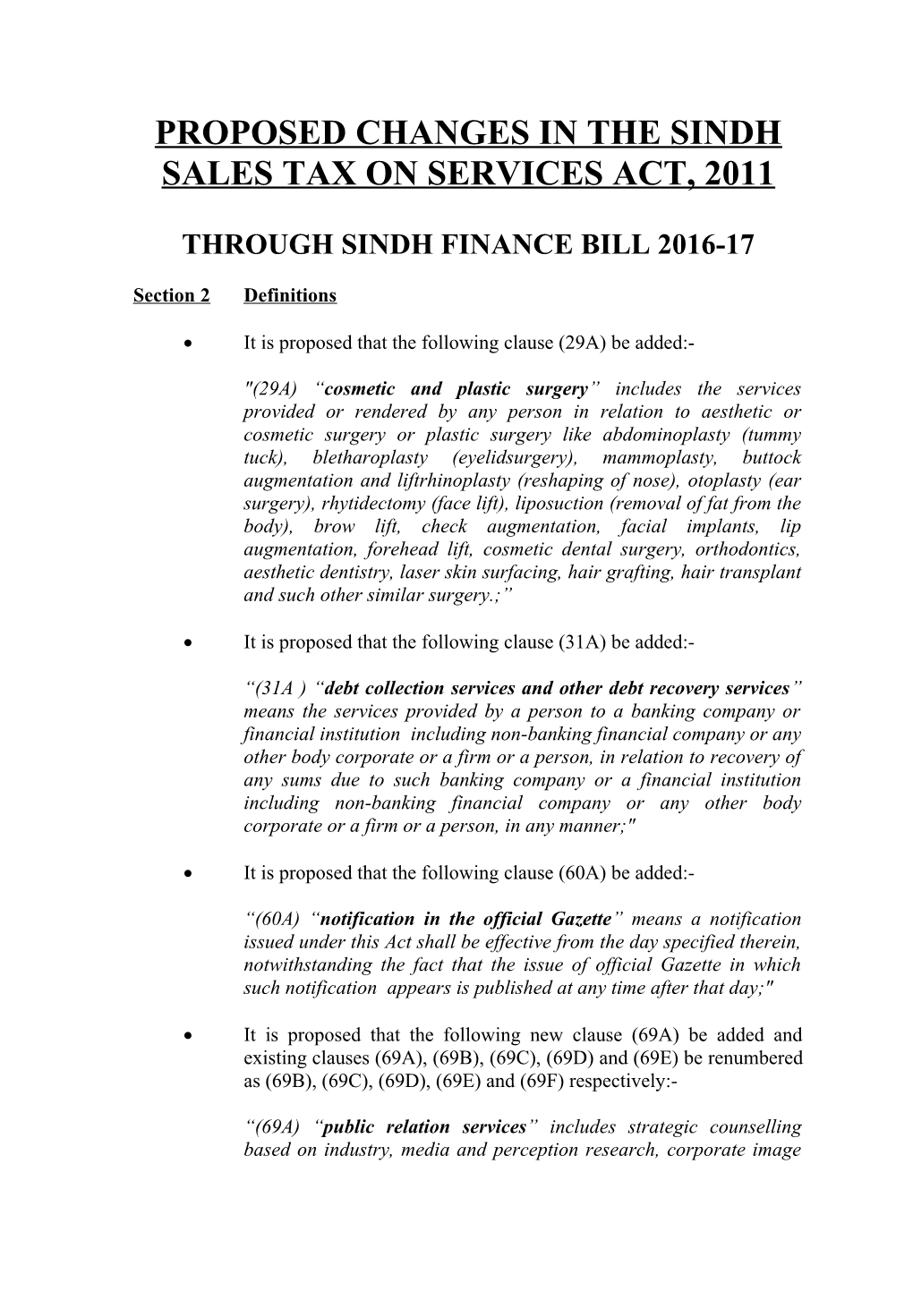 Proposed Changes in the Sindh Sales Tax on Services Act, 2011