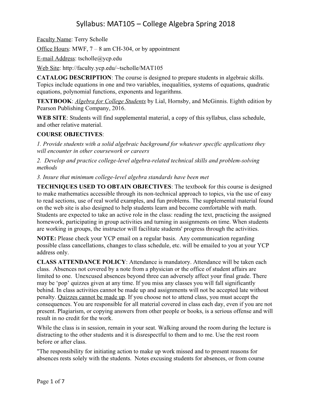 Syllabus: MAT105 College Algebra Spring 2018