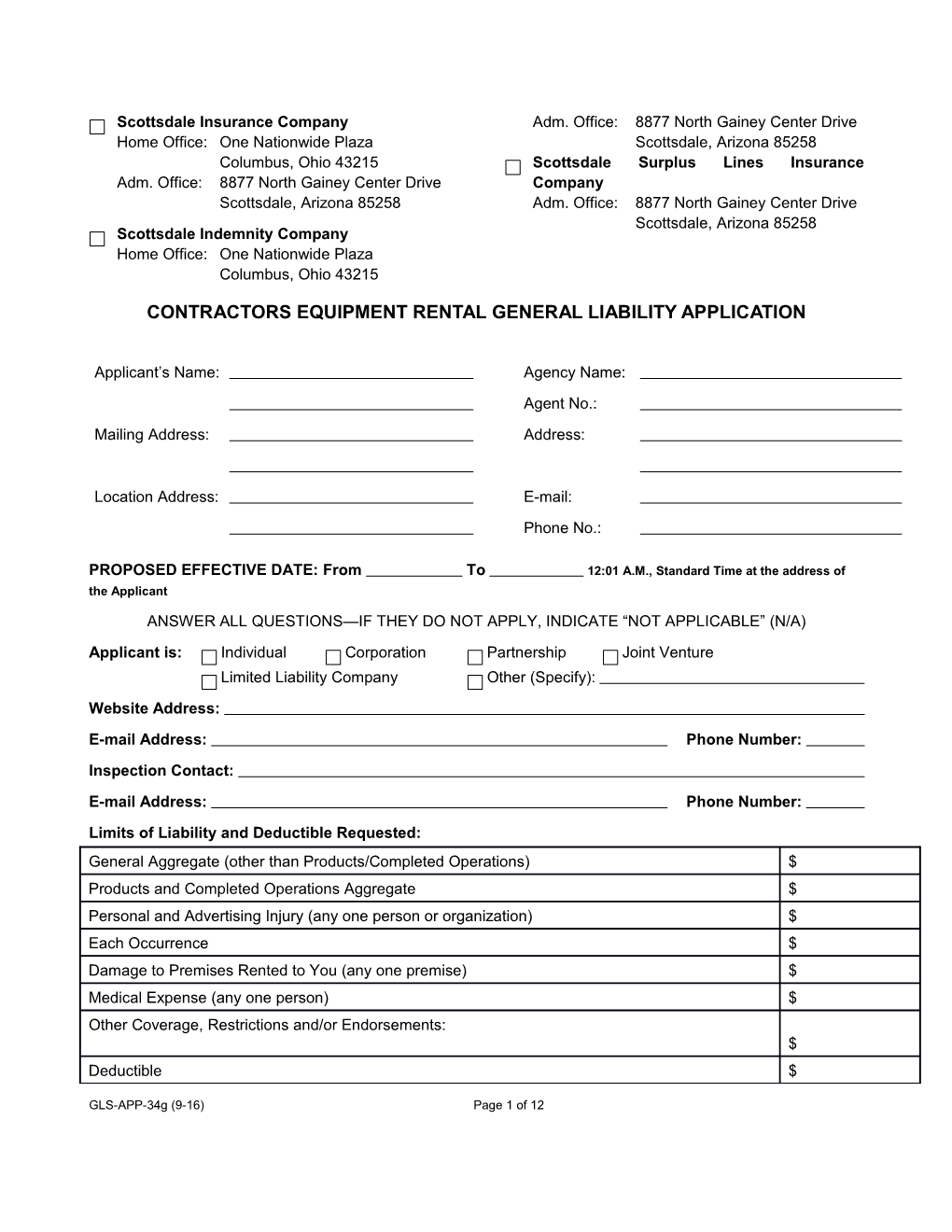 Contractors Equipment Rental General Liability Applicaiton