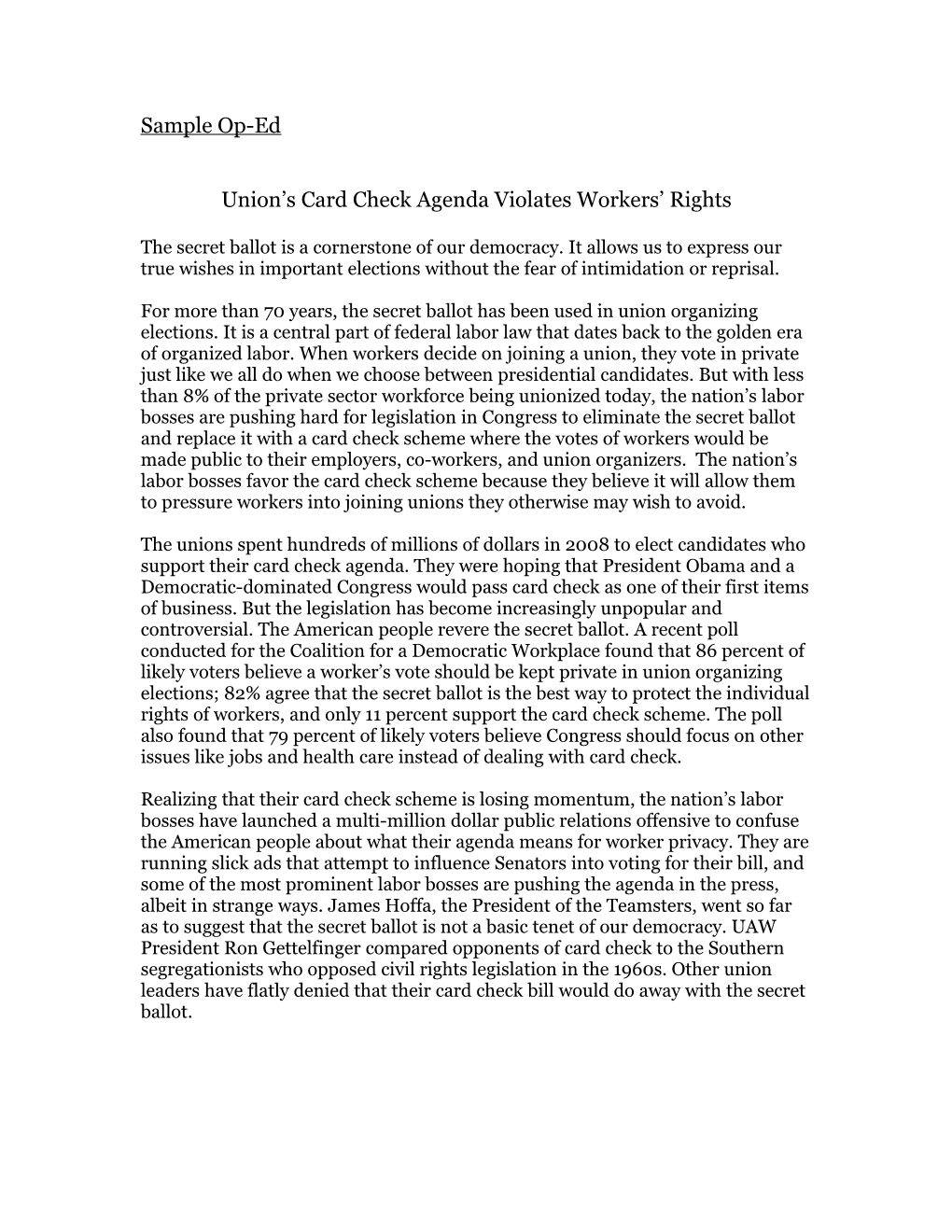 Union S Card Check Agenda Violates Workers Rights