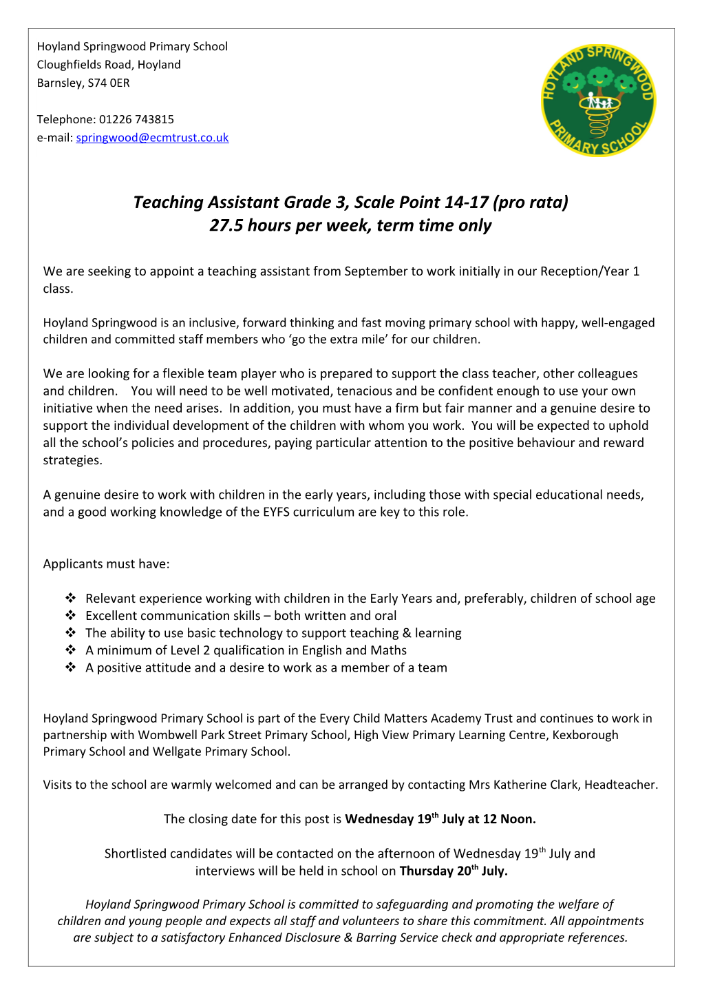 Teaching Assistant Grade 3, Scale Point 14-17 (Pro Rata)