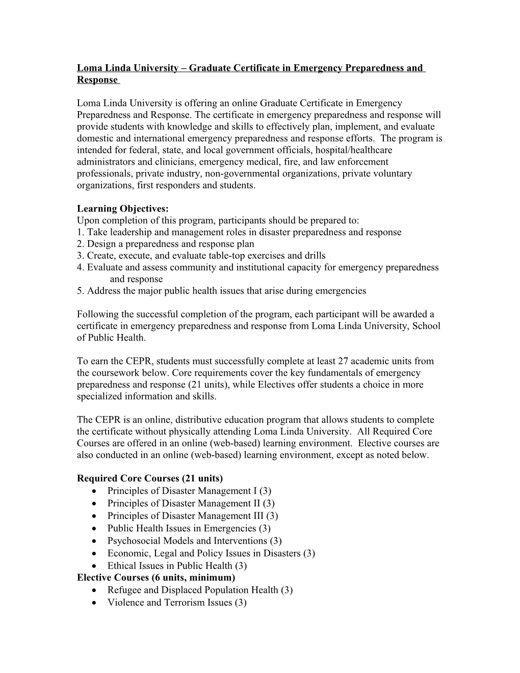 Loma Linda University Graduate Certificate in Emergency Preparedness and Response