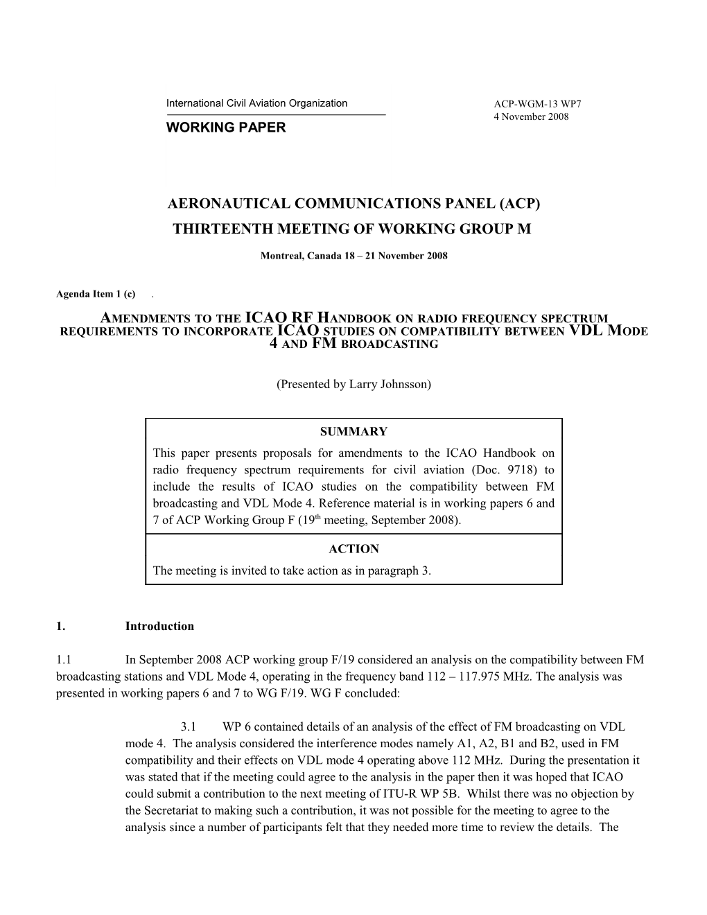 Amendments to the Icao Rf Handbook on Radio Frequency Spectrum Requirements to Incorporate