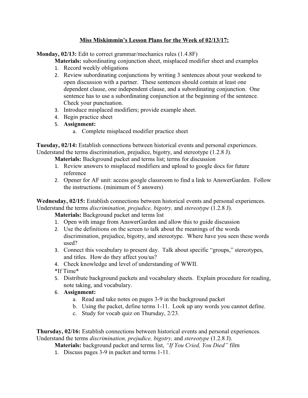 Miss Miskimmin S Lesson Plans for the Week of 02/13/17