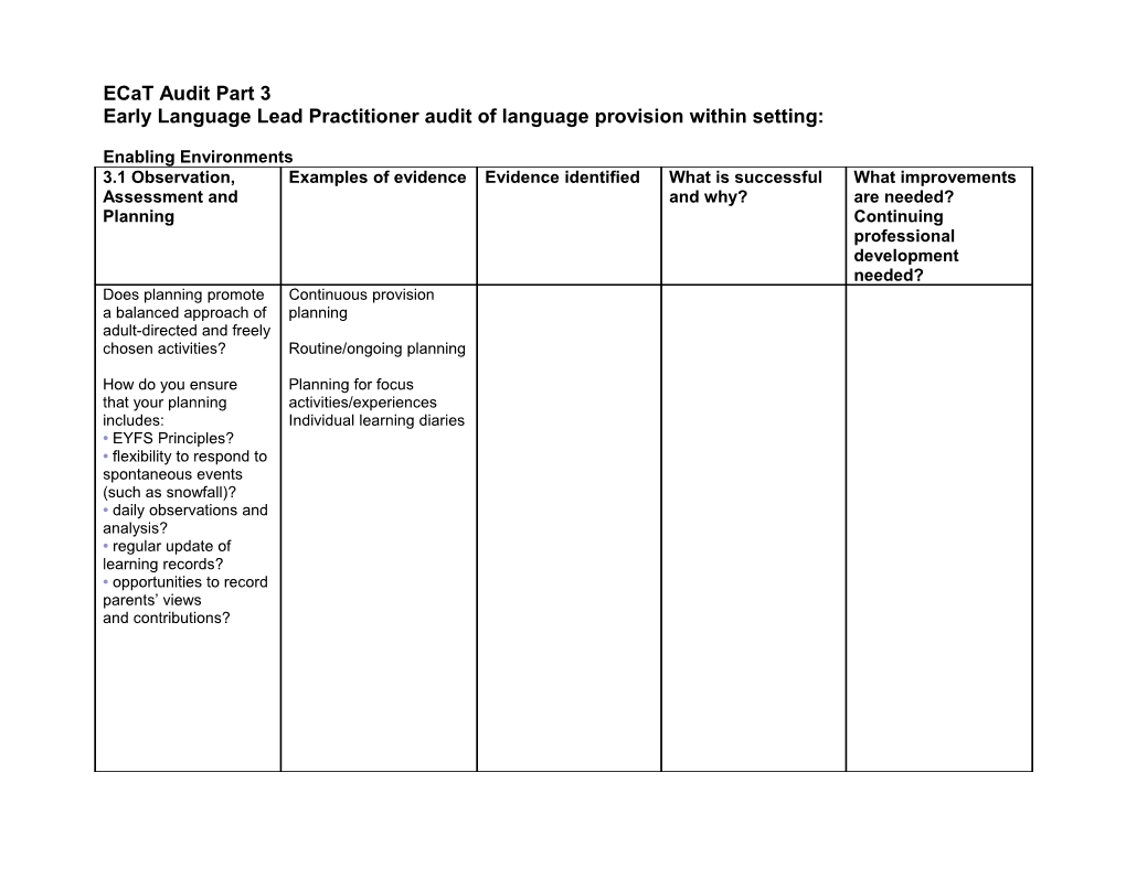 Early Language Lead Practitioner Audit of Language Provision Within Setting