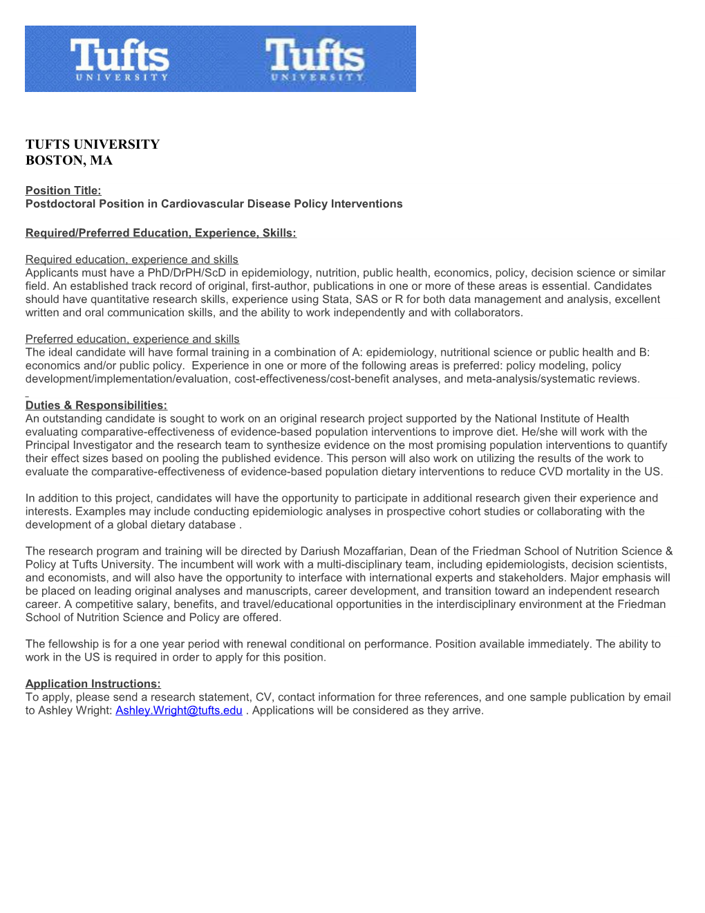 Postdoctoral Position in Cardiovascular Disease Policy Interventions