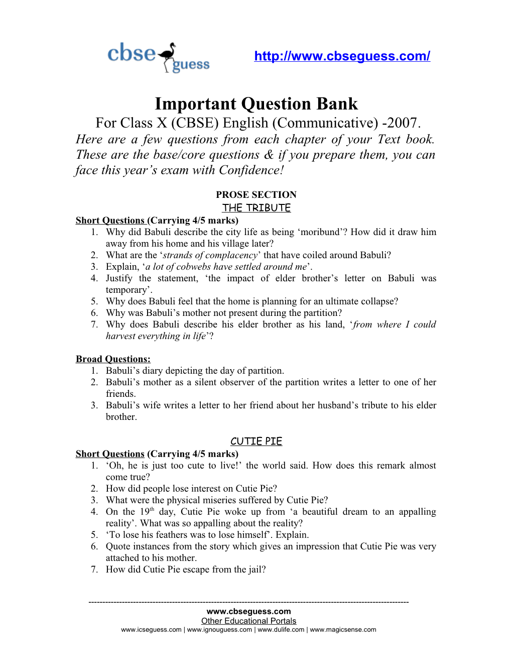 Important Question Bank for Class X for 2007