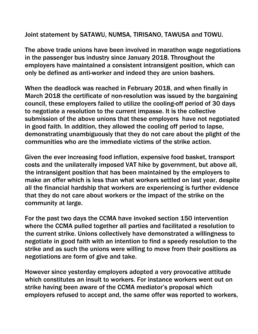 Joint Statement by SATAWU, NUMSA, TIRISANO, TAWUSA and TOWU