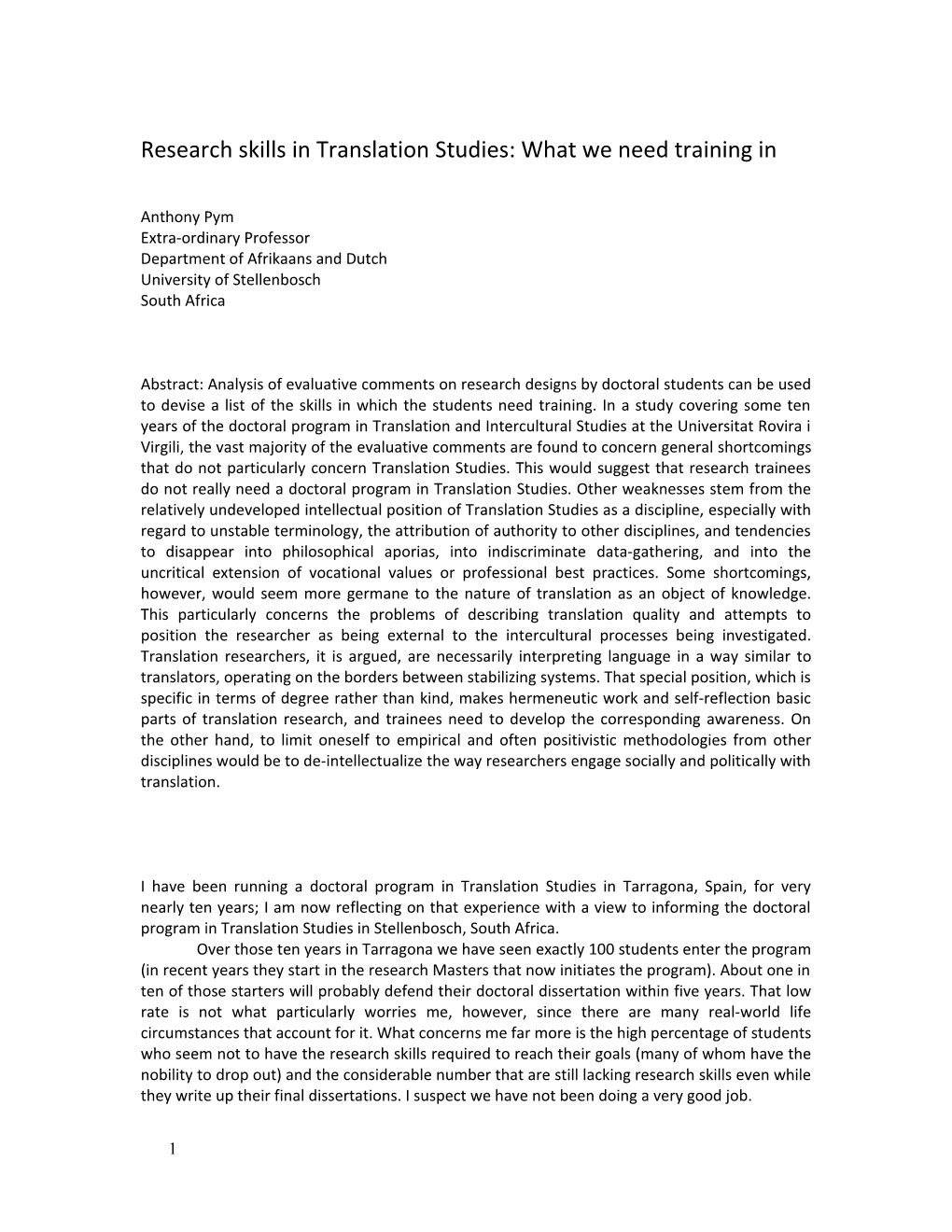 Research Skills in Translation Studies: What We Need Training In