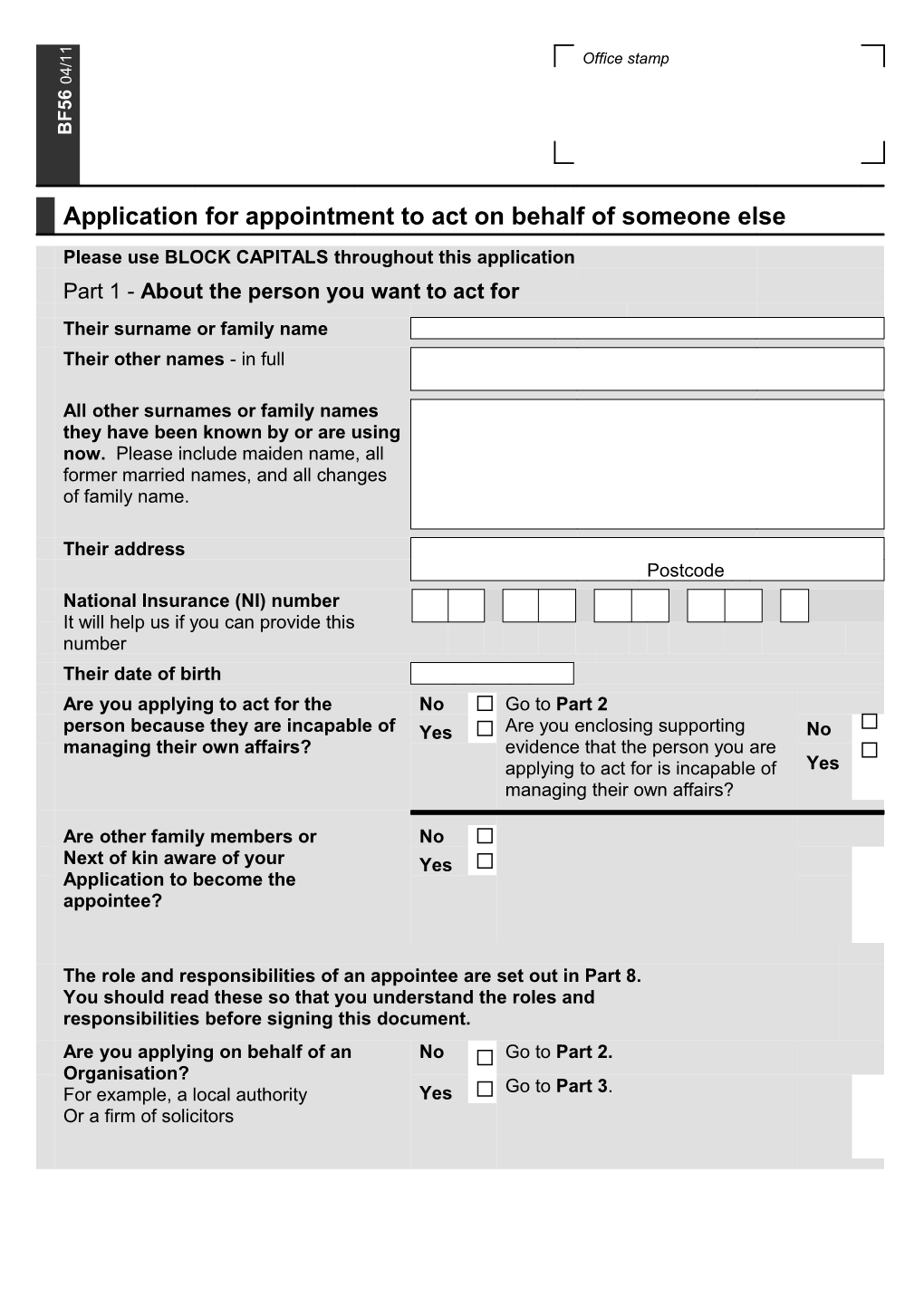 Application for Appointment to Act on Behalf of Someone Else