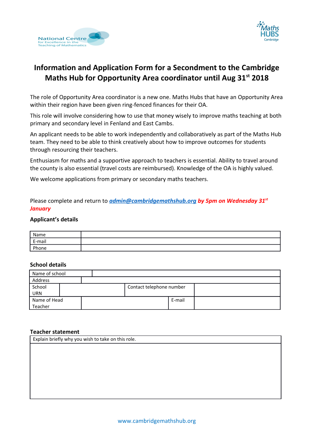 Information and Application Form for a Secondment to the Cambridge Maths Hubfor Opportunity
