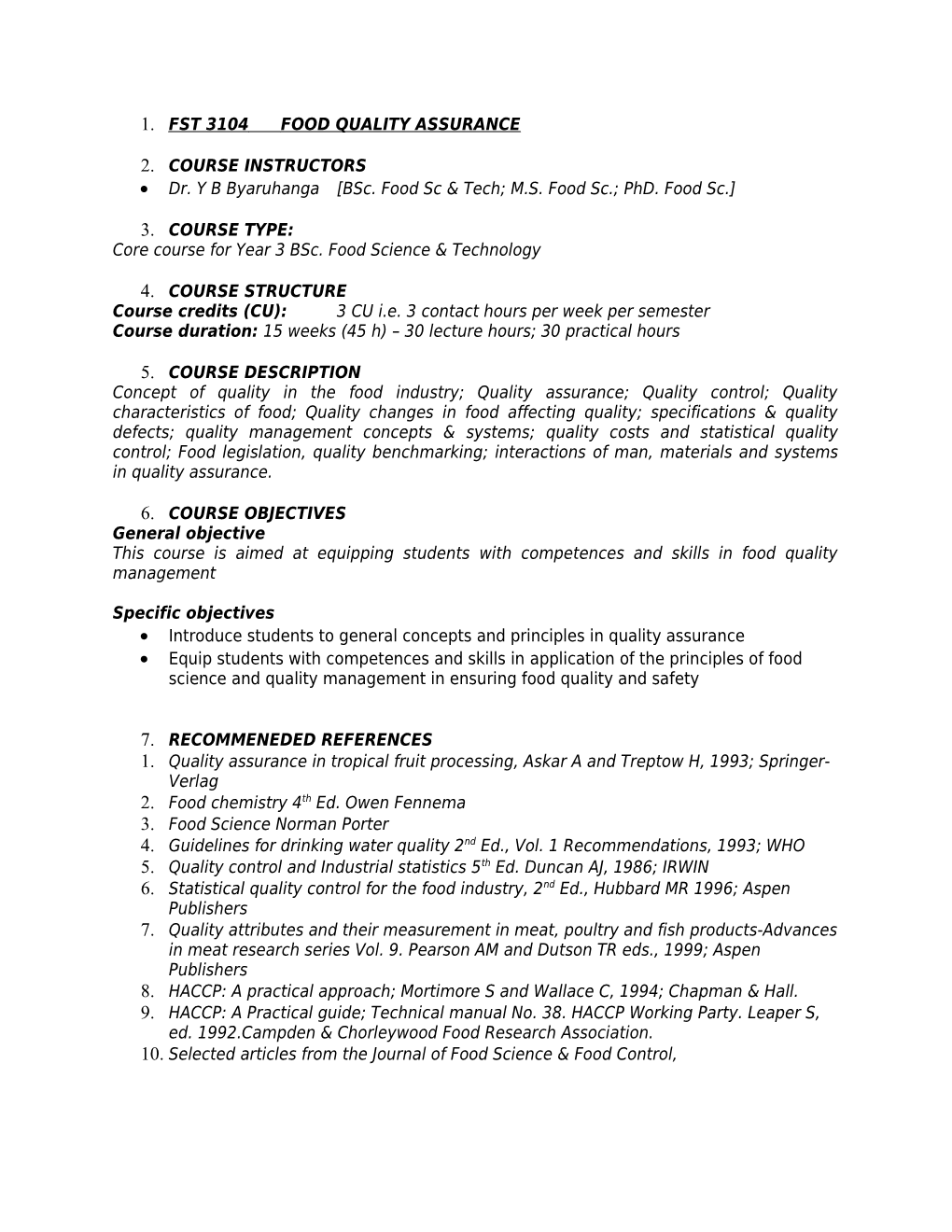 Core Course for Year 3 Bsc. Food Science & Technology