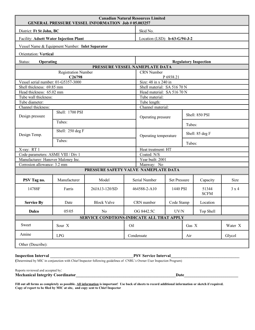 General Pressure Vessel Information