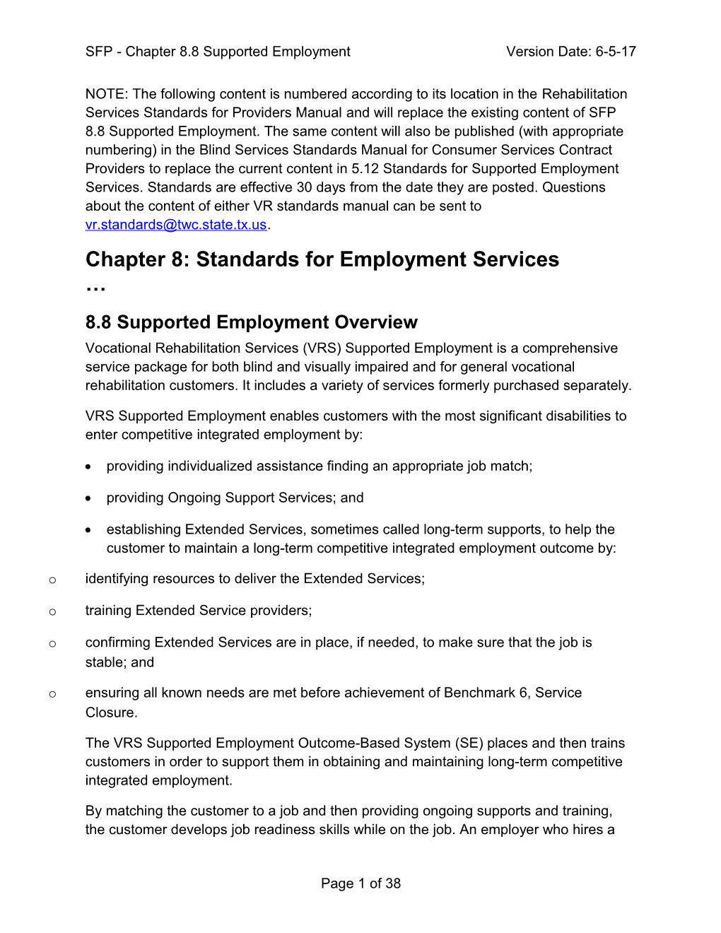 SFP - Chapter 8.8 Supported Employment Version Date: 6-5-17