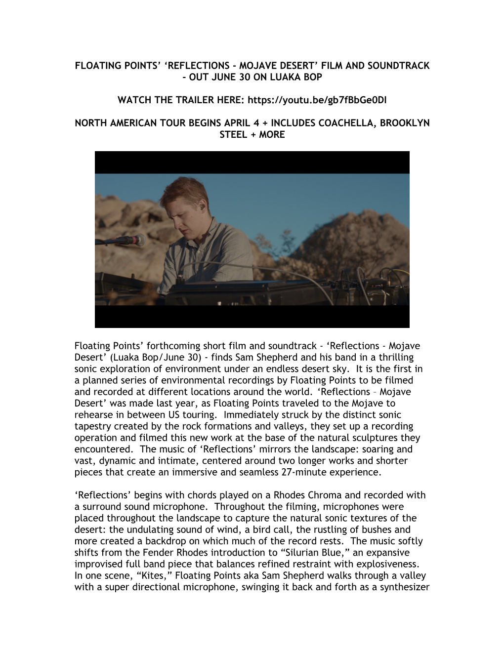 Floating Points Reflections - Mojave Desert Film and Soundtrack - Outjune 30 on Luaka Bop