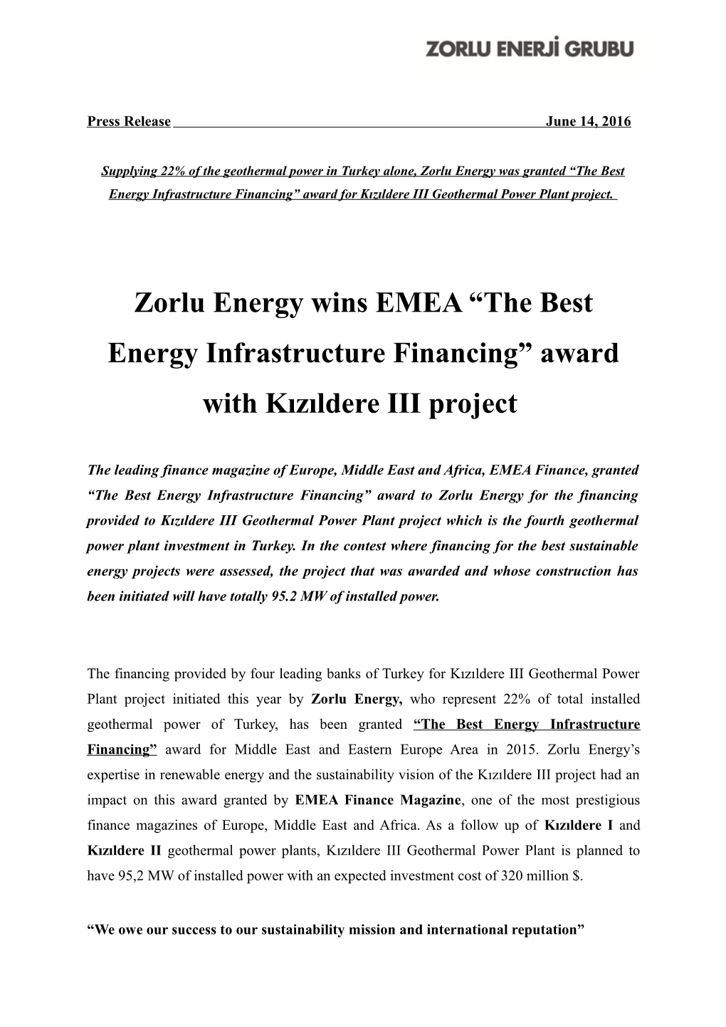 Zorlu Energy Wins EMEA the Best Energy Infrastructure Financing Award with Kızıldere III