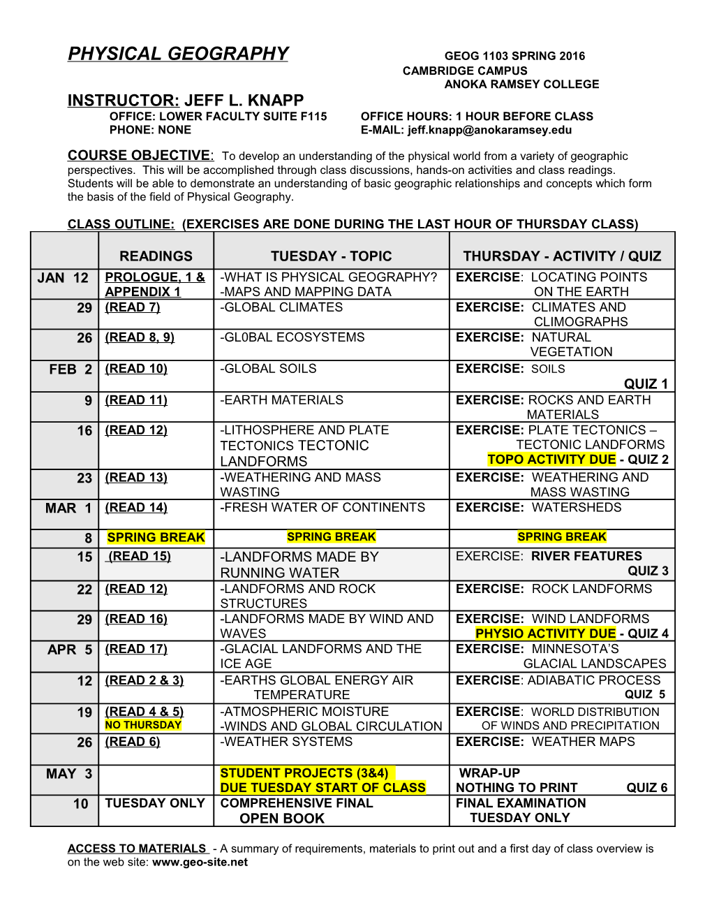 Physical Geography Geog 1103 Spring 2016