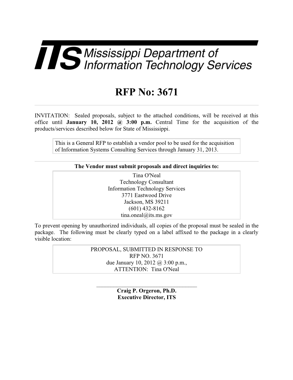 Project No.: General RFP for Information Systems Consulting Services