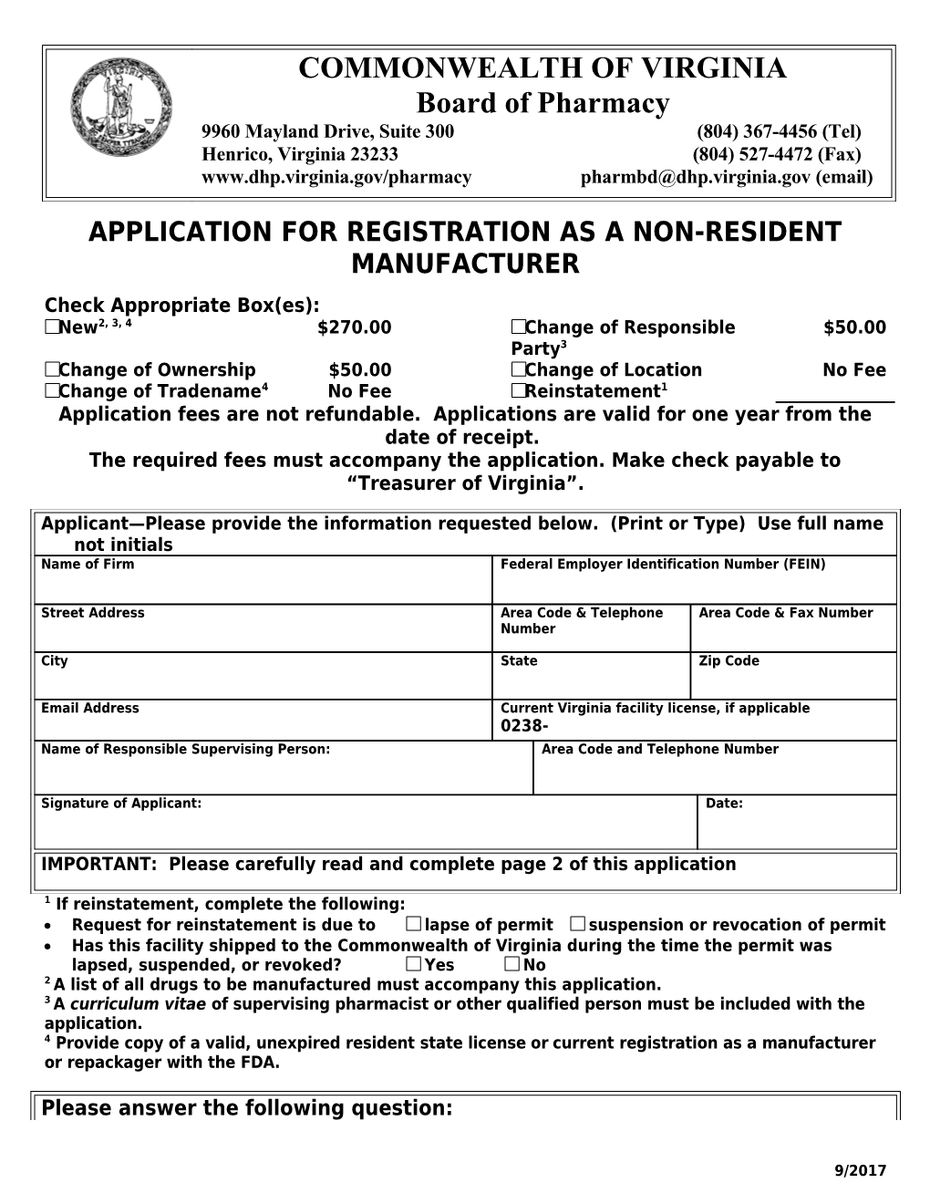 Board of Pharmacy Non-Resident Manufacturer Registration Application