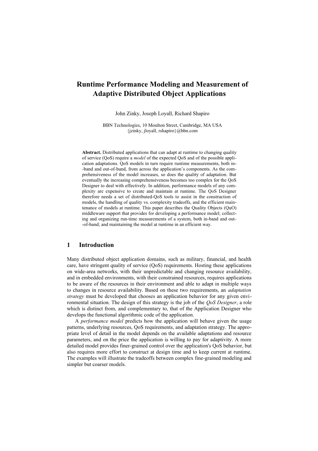 Runtime Performance Modeling and Measurement of Adaptive Distributed Object Applications