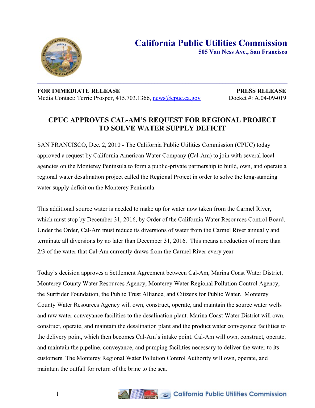 Cpuc Approves Cal-Am S Request for Regional Project to Solve Water Supply Deficit