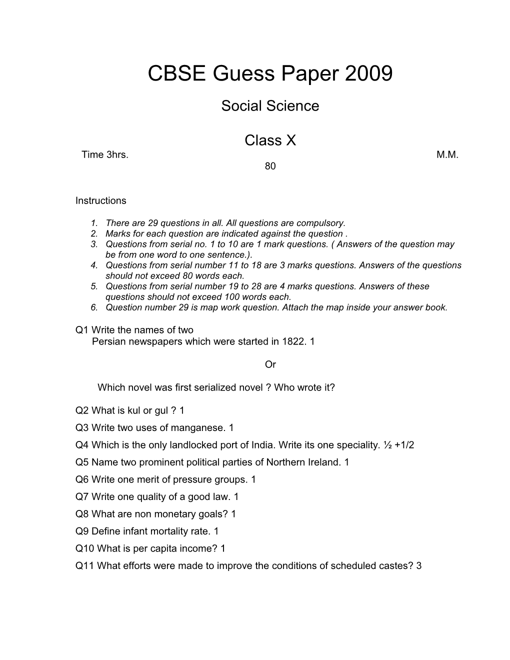 CBSE Guess Paper 2009