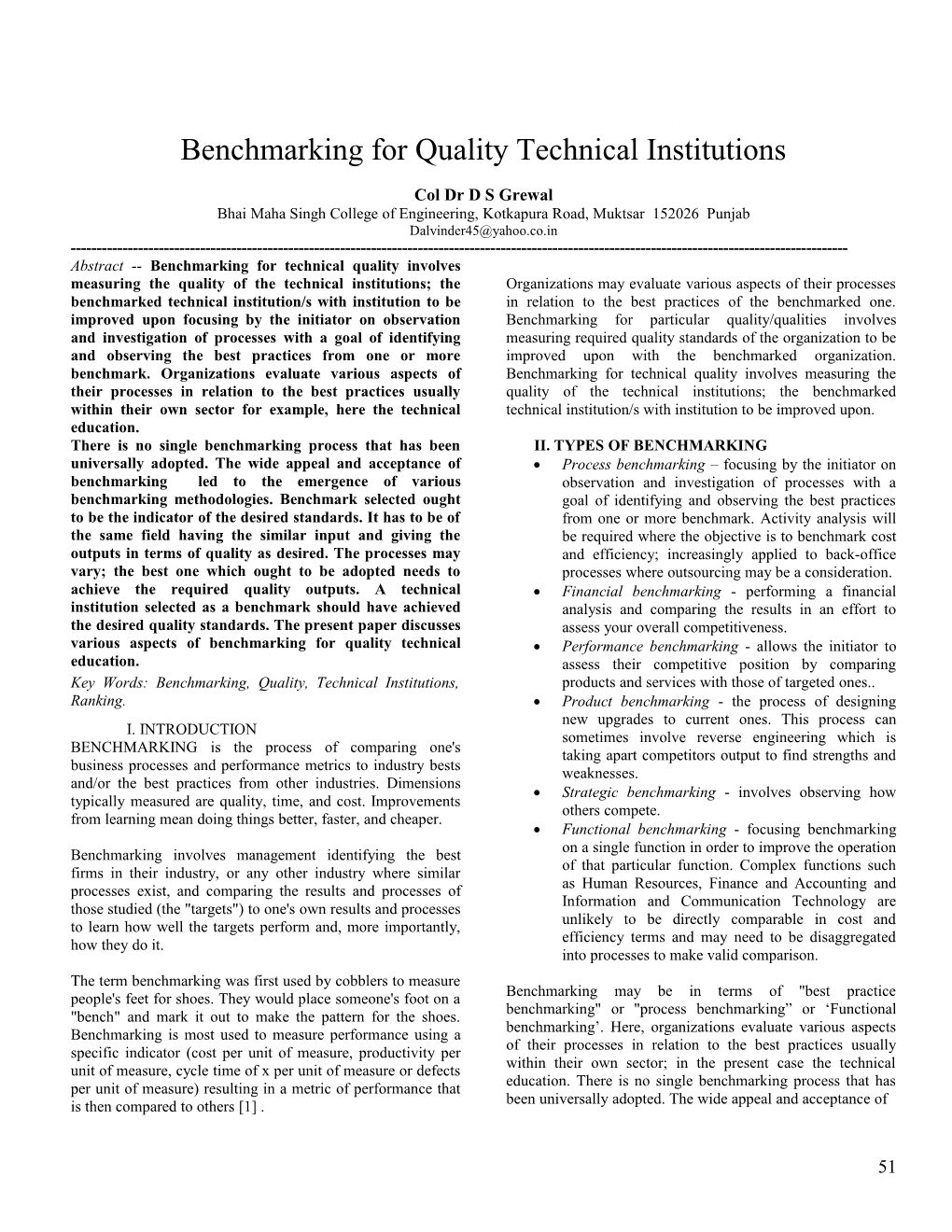 Benchmarking for Quality Technical Institutions