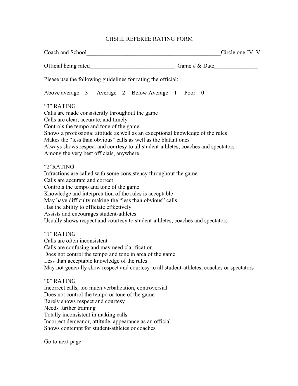 Chshl Referee Rating Form