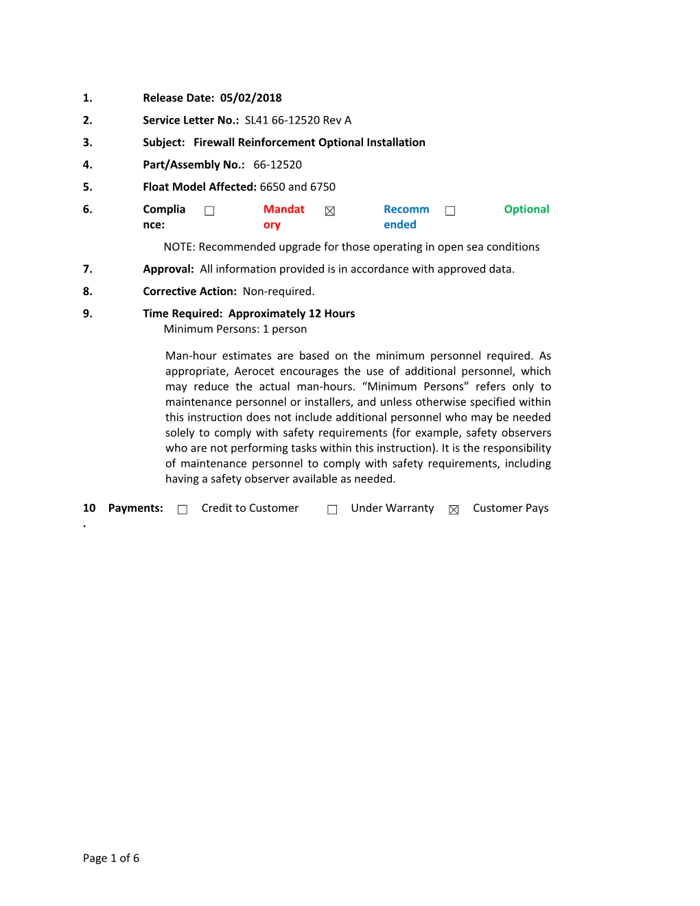 66-12520 Installation of Firewall Reinforcements Is Optional for Use with Aerocet Model