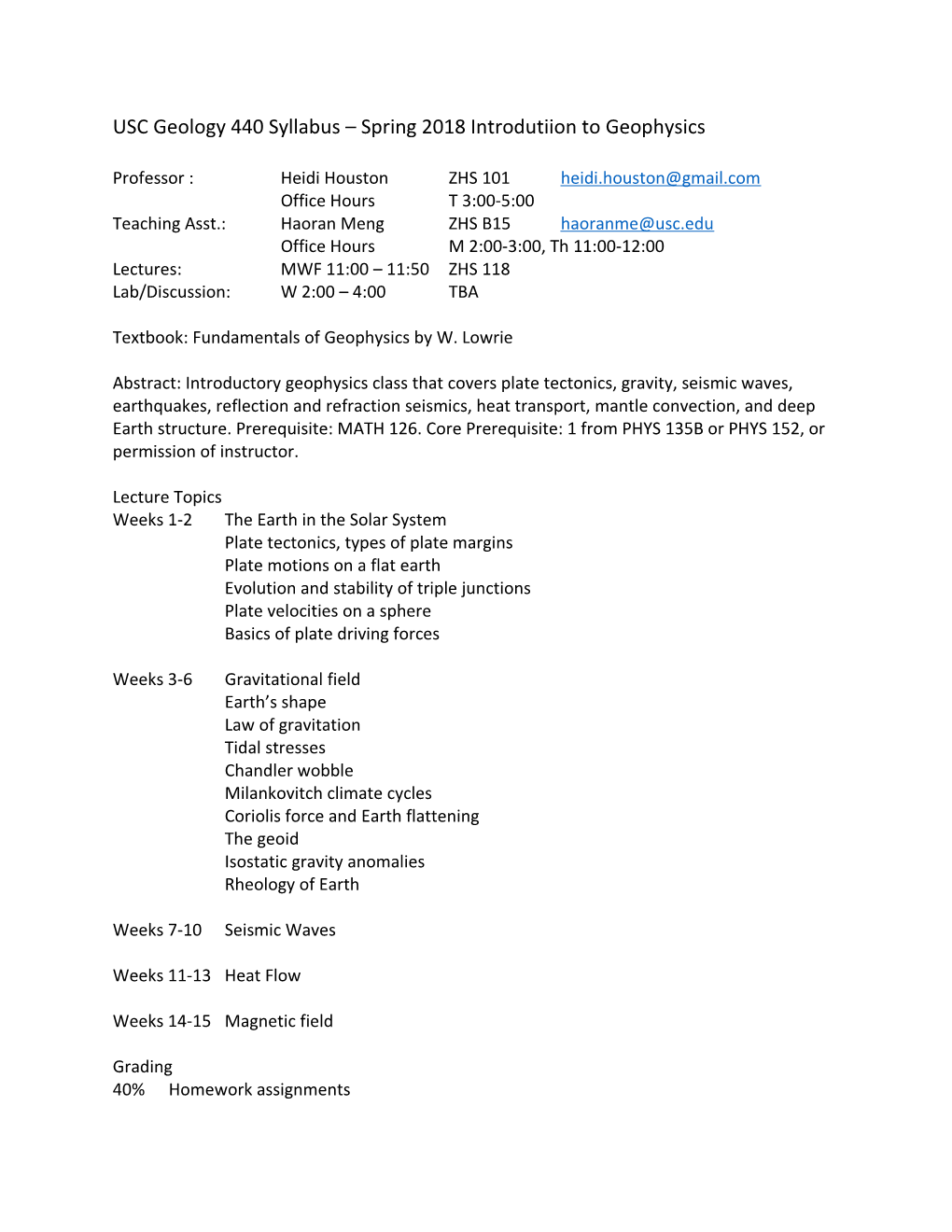 USC Geology 440 Syllabus Spring 2018 Introdutiion to Geophysics