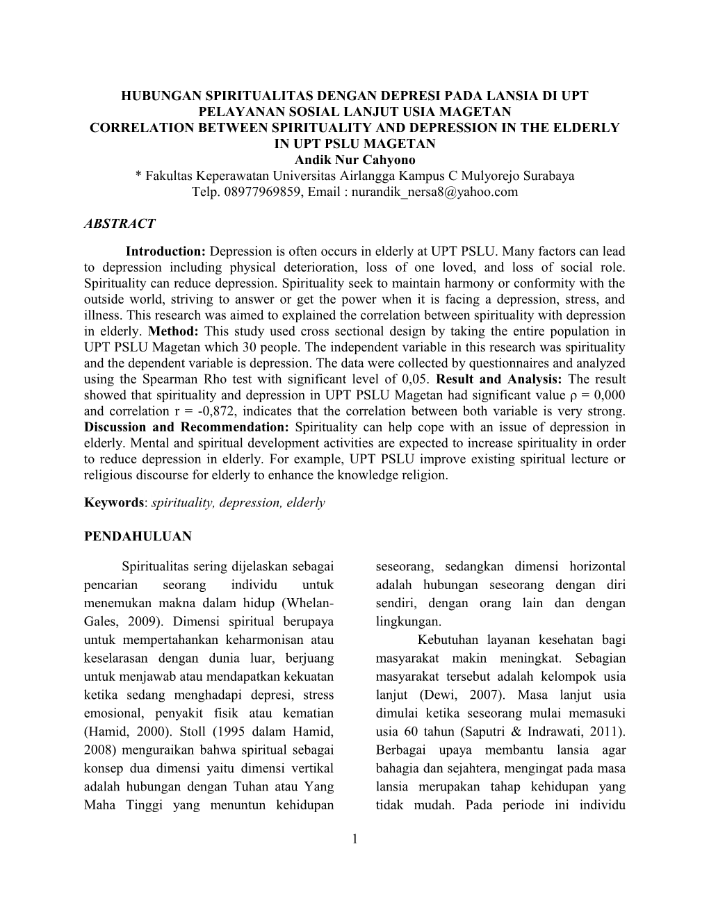 Correlation Between Spirituality and Depression in the Elderly in Upt Pslu Magetan