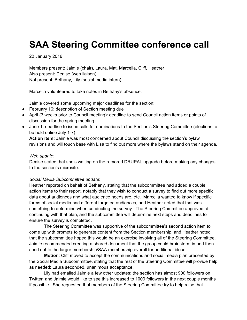 SAA Steering Committee Conference Call