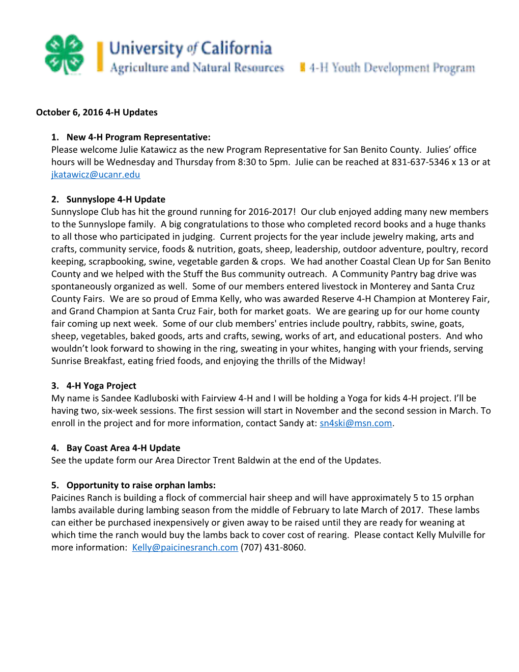 Sunnyslope 4-H Update