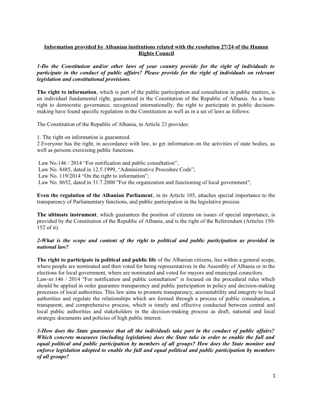 Information Provided by Albanian Institutions Related with the Resolution 27/24 of The