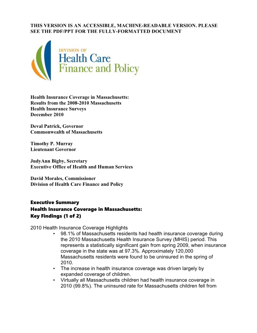 2010 Massachusetts Health Insurance Survey