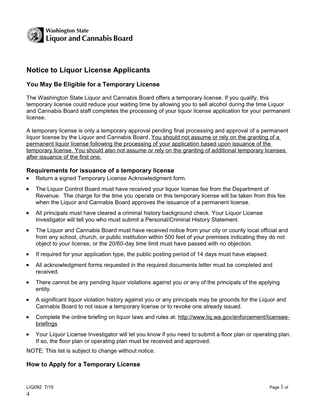 Notice to Liquor License Applicants