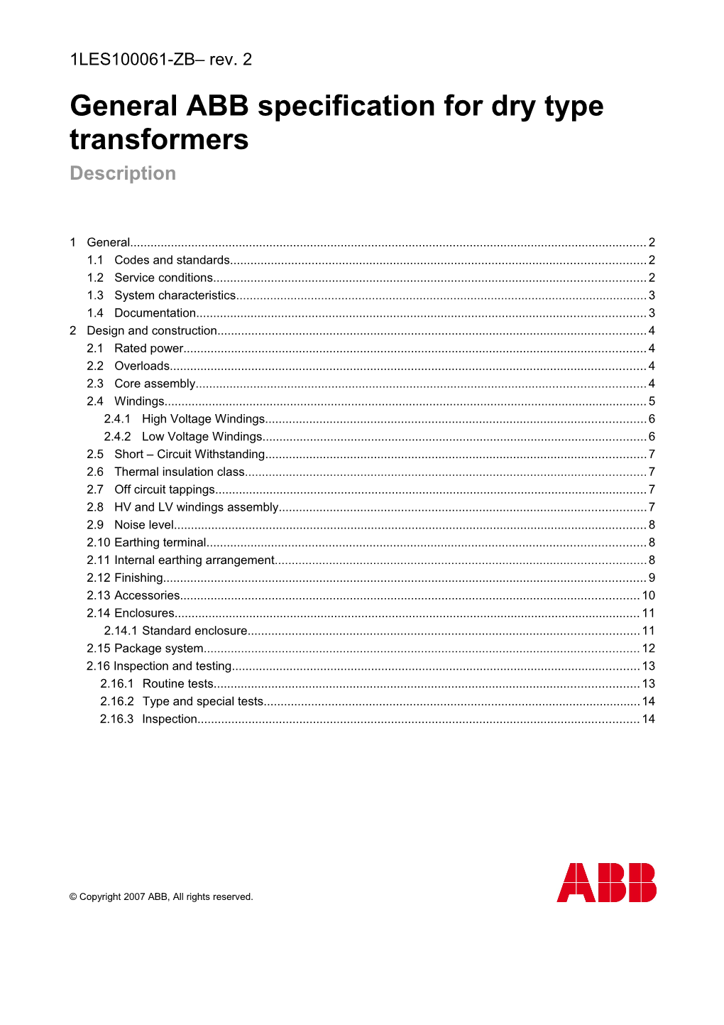 1LES100061-ZB General ABB Specification for Dry Type Transformers