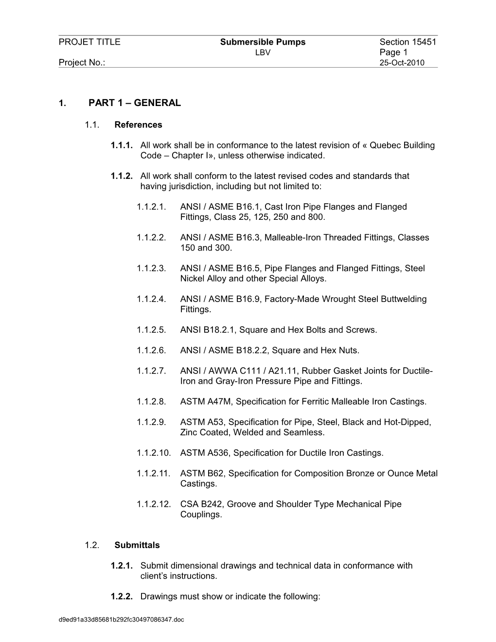 PROJET TITLE Submersible Pumps Section 15451