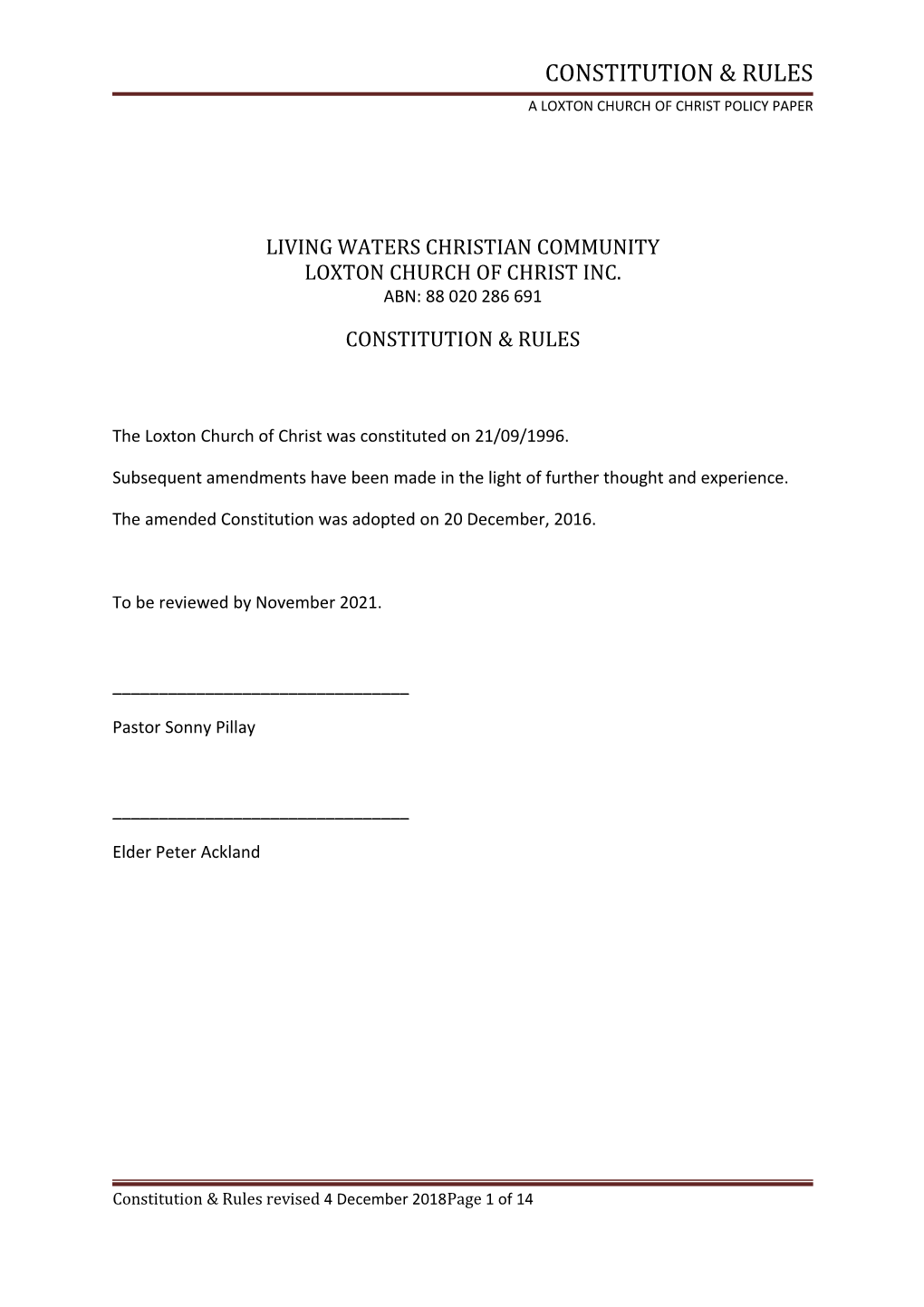 A Loxton Church of Christ Policy Paper