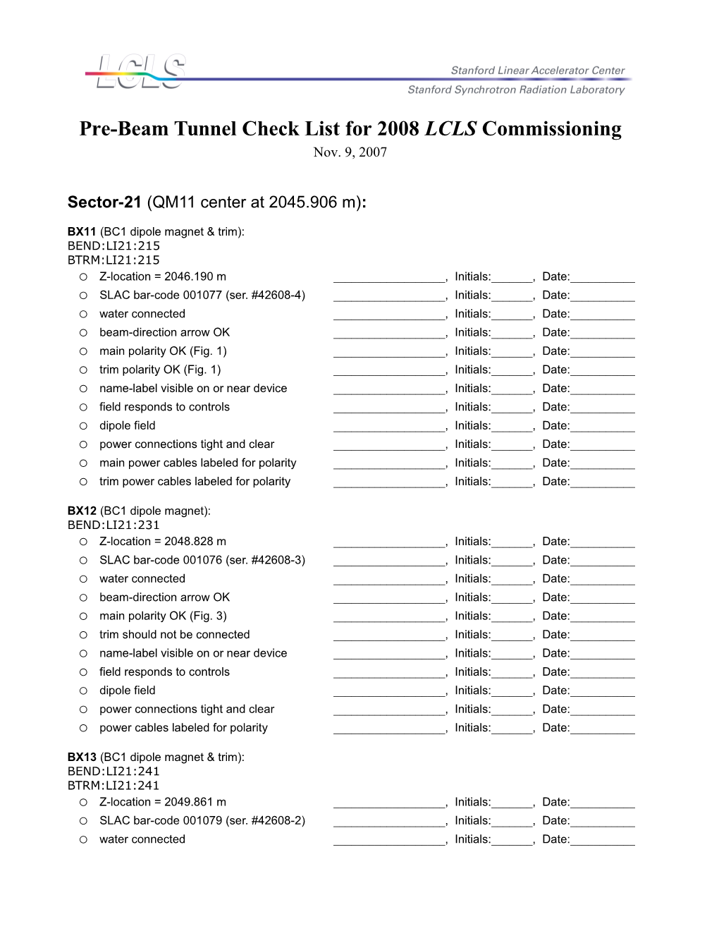 Pre-Beam Tunnel Check List for 2008Lclscommissioning