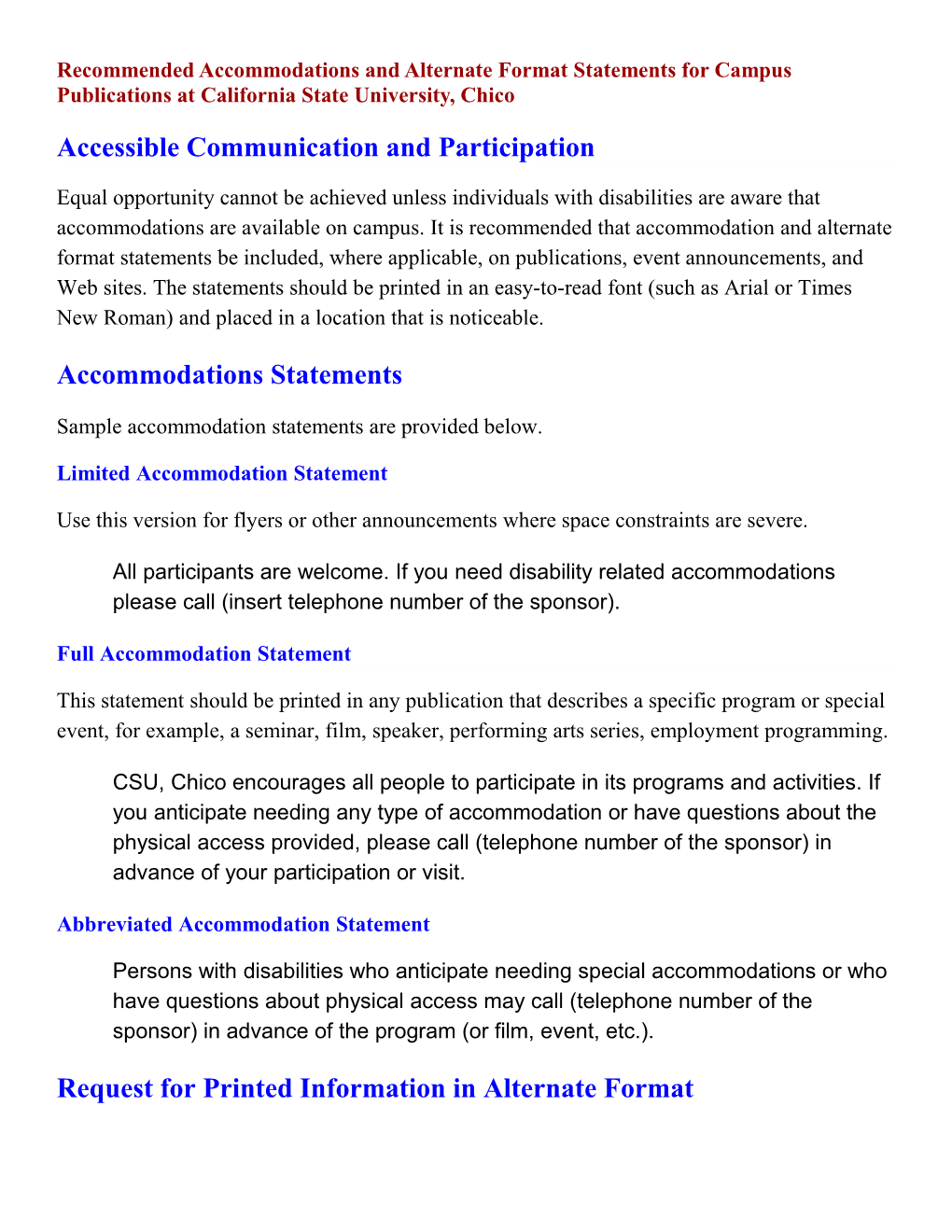 Recommended Accommodations and Alternate Format Statements for Publications