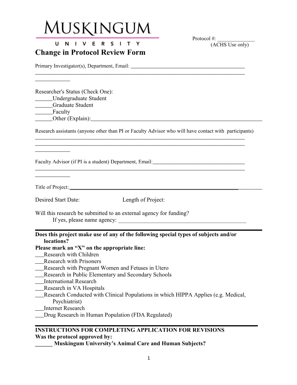 Change in Protocol Review Form