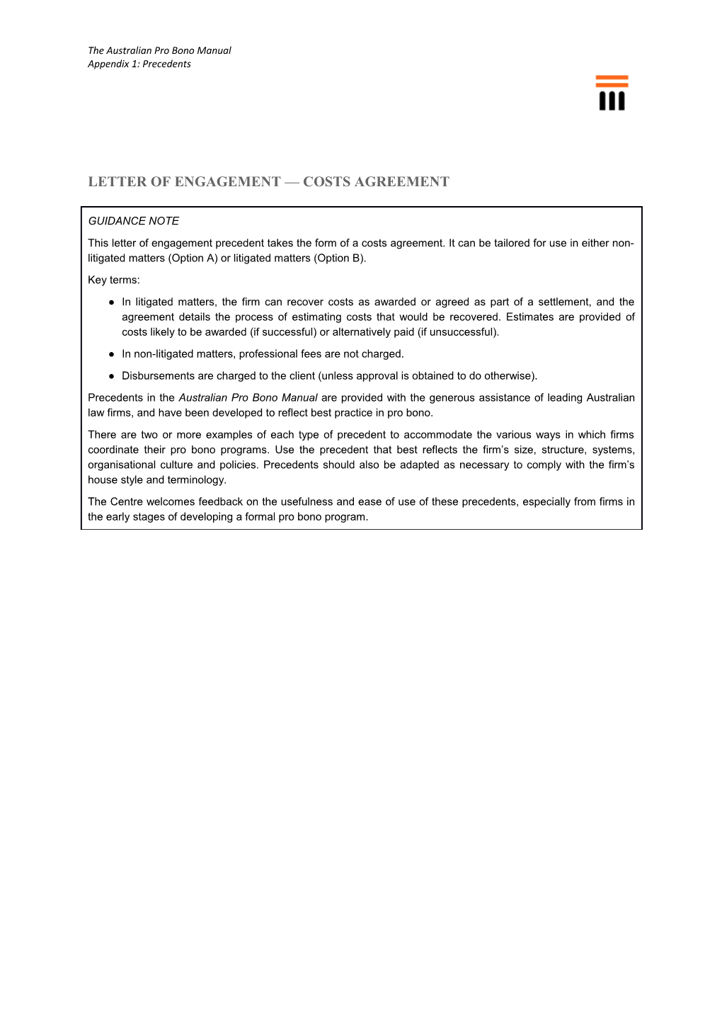 Letter of Engagement Costs Agreement