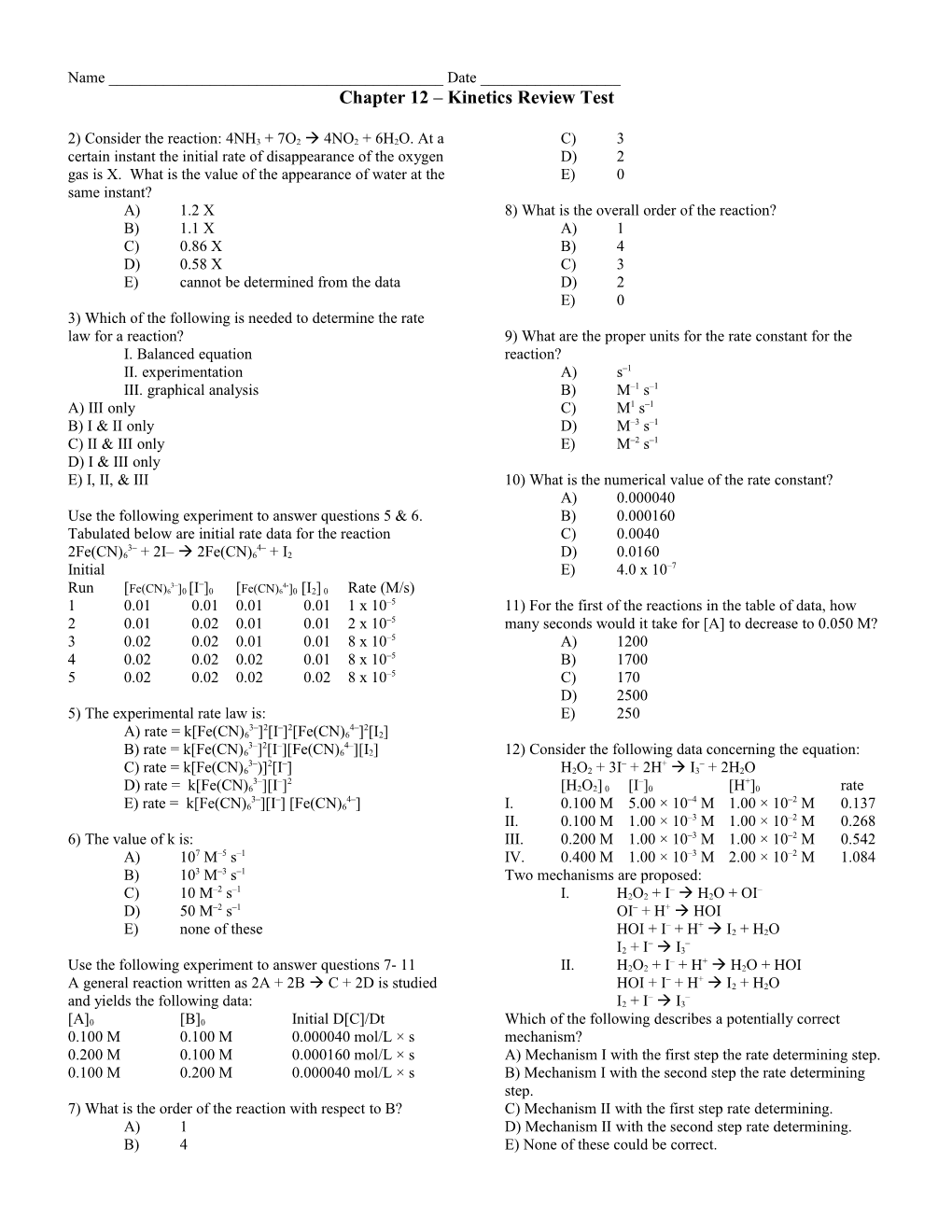 Chapter 12 Kinetics Review Test