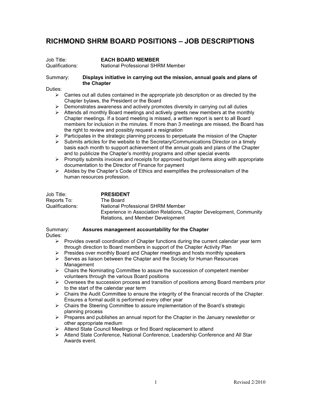 Richmond Shrm Board Positions Job Descriptions