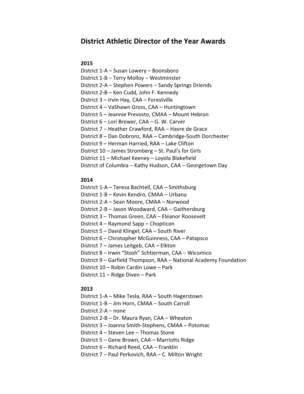 District Athletic Director of the Year Awards