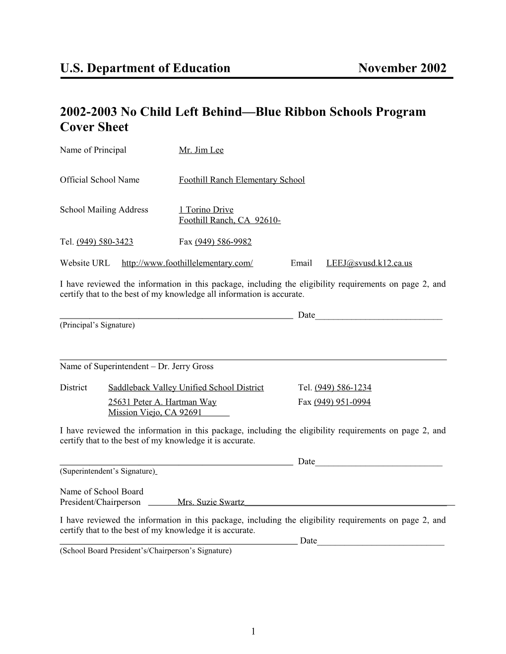 Foothill Ranch Elementary School 2003 No Child Left Behind-Blue Ribbon School (Msword)