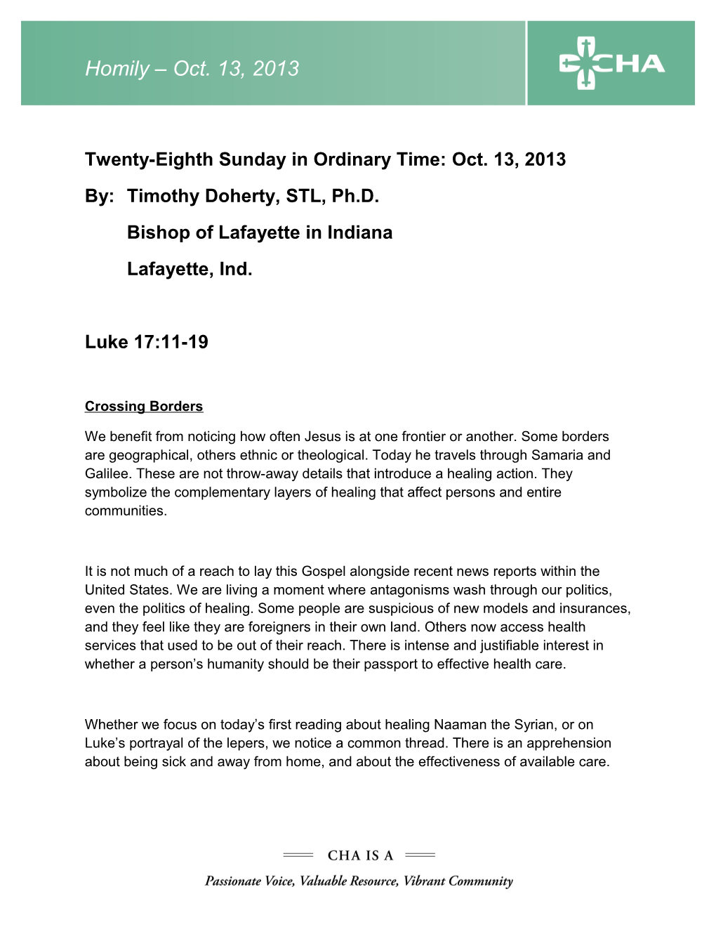 Twenty-Eighth Sunday in Ordinary Time: Oct. 13, 2013